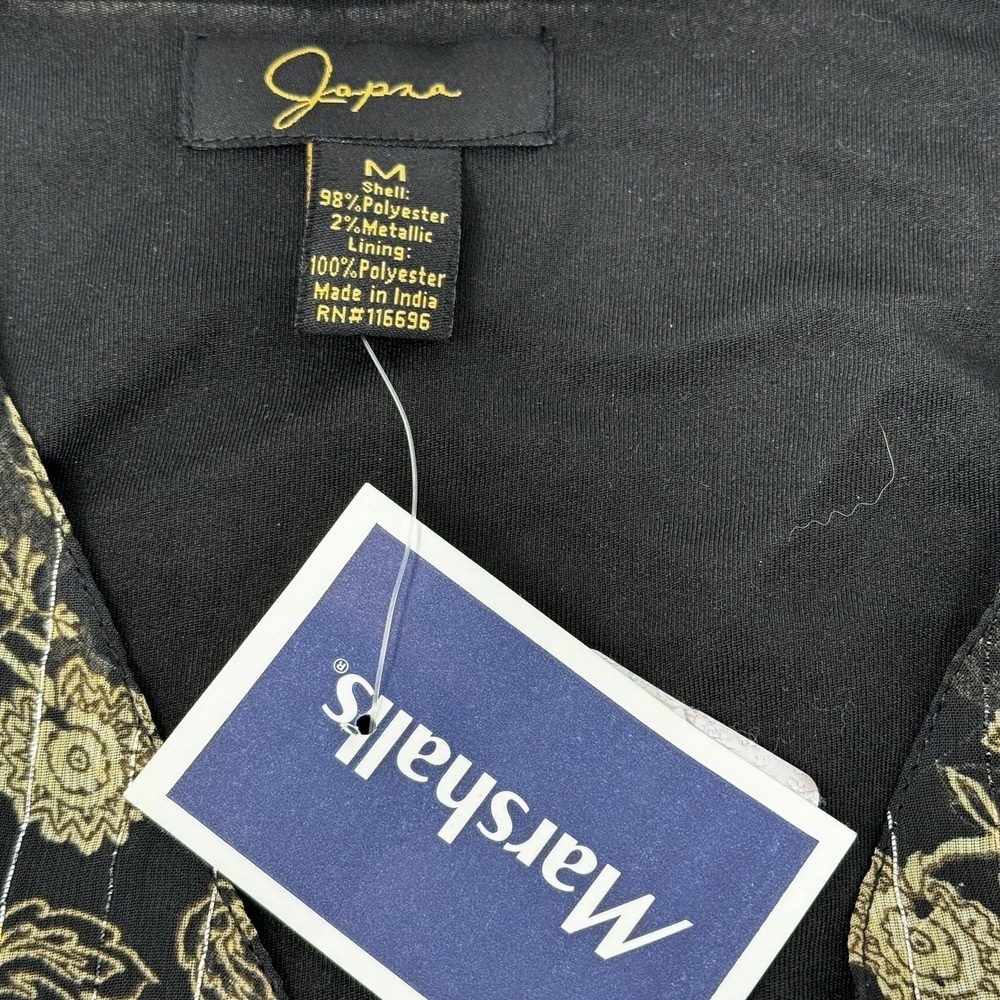 Japna Womens Floral Paisley Metallic Smocked Peplum Blouse Black Gold Medium NWT - Picture 6 of 6